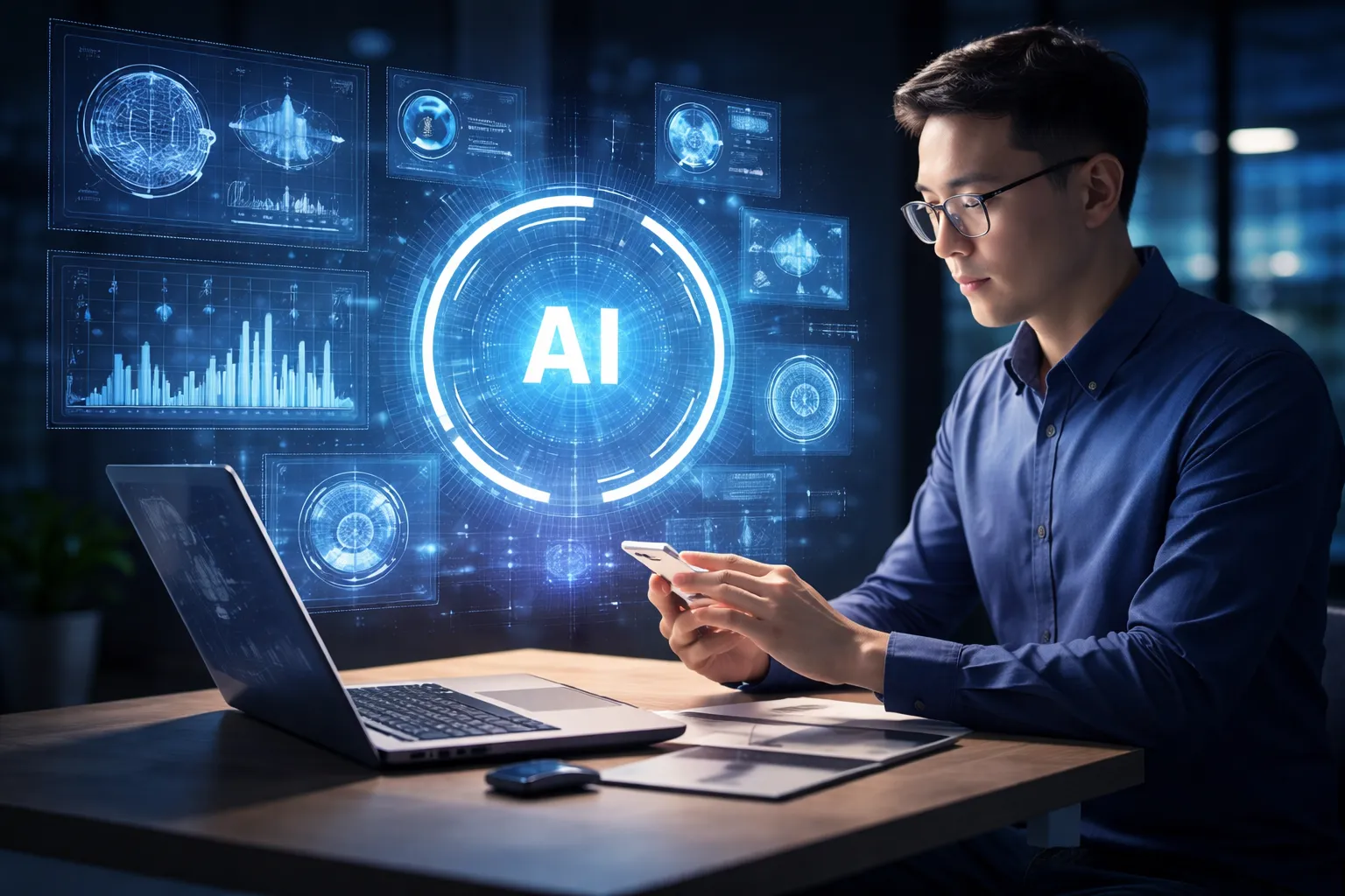 Ilustrasi penggunaan AI dalam marketing untuk analisis data, personalisasi customer journey, dan peningkatan konversi bisnis
