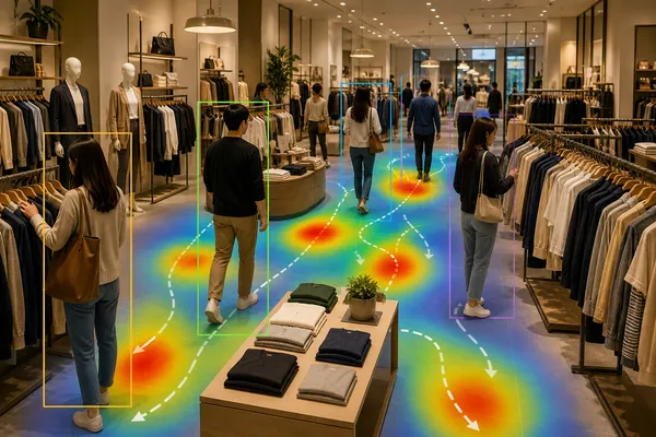 AI menganalisis perilaku pengunjung di dalam toko menggunakan heatmap dan tracking pergerakan pelanggan